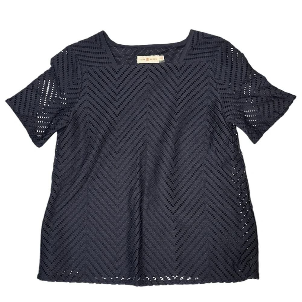 Tory Burch Women’s Navy Blue Cutout Zigzag Pattern Short Sleeve Lace Top Size XS